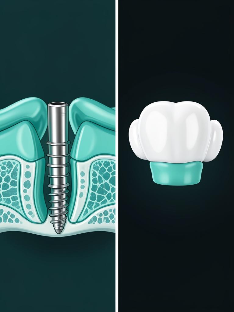 Scientific illustration of the implant surgery and final crown restoration